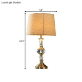 Beige Fabric Night Stand Lamp With Pleated Tapered Shade And Crystal Balls - Traditional Table Light