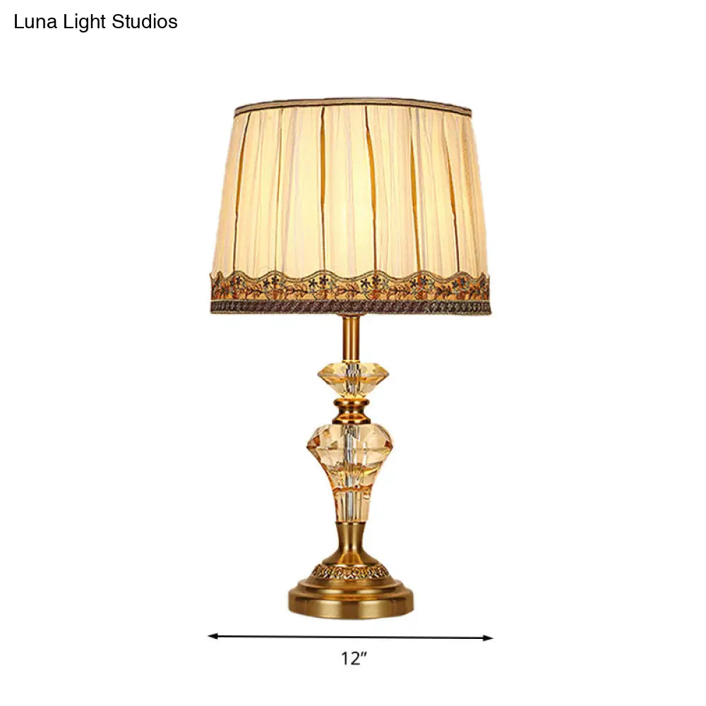 Beige Fabric Table Lamp - Minimalist Tapered Drum Design With Crystal Base