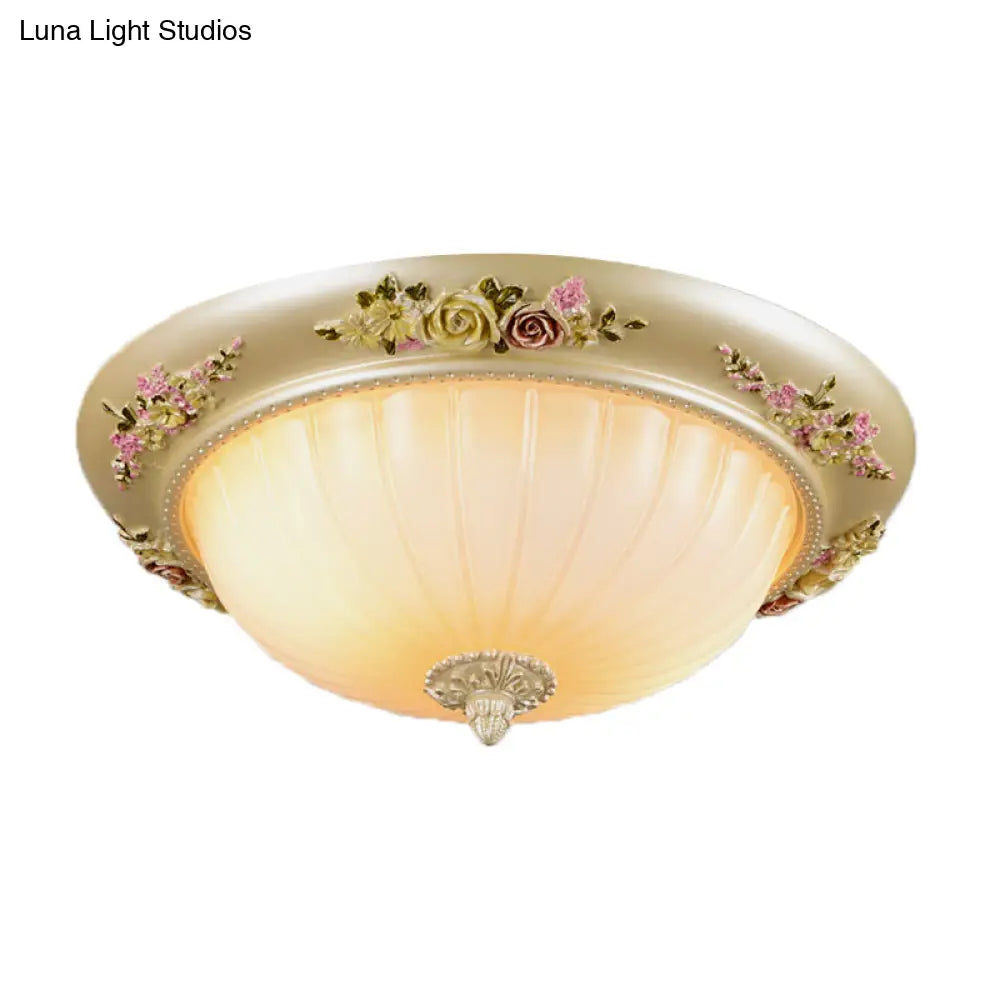 Beige Fluted Glass Flush Light Farmhouse Ceiling Lighting 2/3 - Head 12.5’/14.5’/19’ Width