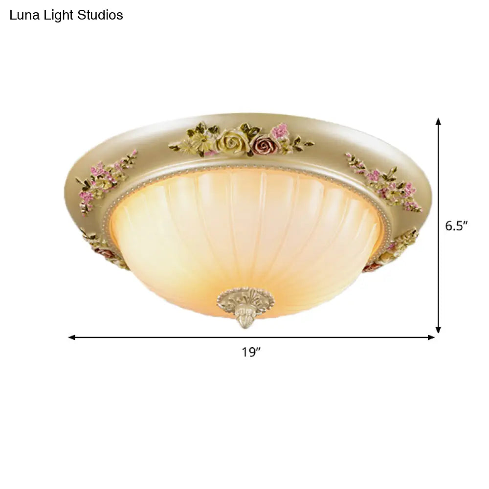 Beige Fluted Glass Flush Light Farmhouse Ceiling Lighting 2/3 - Head 12.5’/14.5’/19’ Width