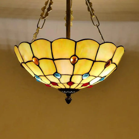 Beige Glass Bowl Pendant Light - Tiffany Chandelier With Colorful Bead Multiple Sizes For Corridor