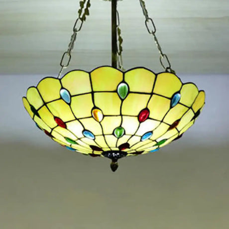 Beige Glass Bowl Pendant Light - Tiffany Chandelier With Colorful Bead Multiple Sizes For Corridor
