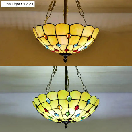 Beige Glass Bowl Pendant Light - Tiffany Chandelier With Colorful Bead Multiple Sizes For Corridor