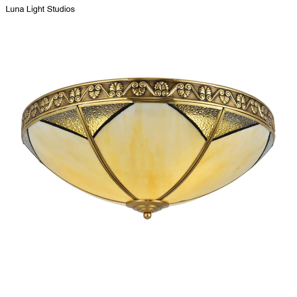 Beige Glass Flush Mount Brass Dome Ceiling Lamp - Perfect For Rural Living Room Lighting