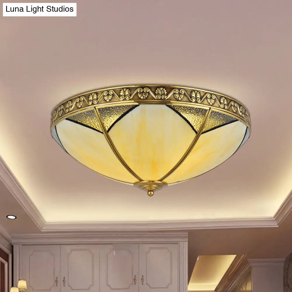 Beige Glass Flush Mount Brass Dome Ceiling Lamp - Perfect For Rural Living Room Lighting