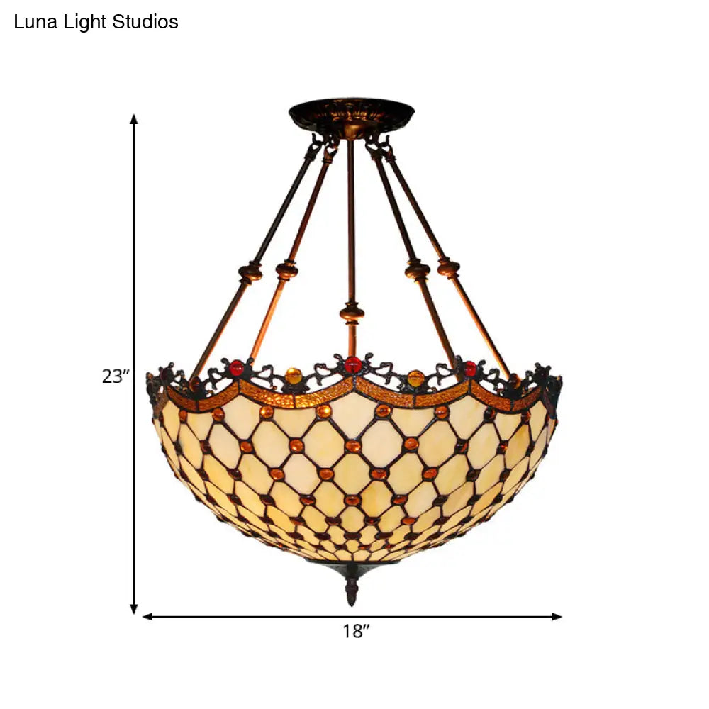 Beige Glass Semi Flush Tiffany Style Ceiling Mount With Beaded Accents - 16’/18’ Wide 2-Light