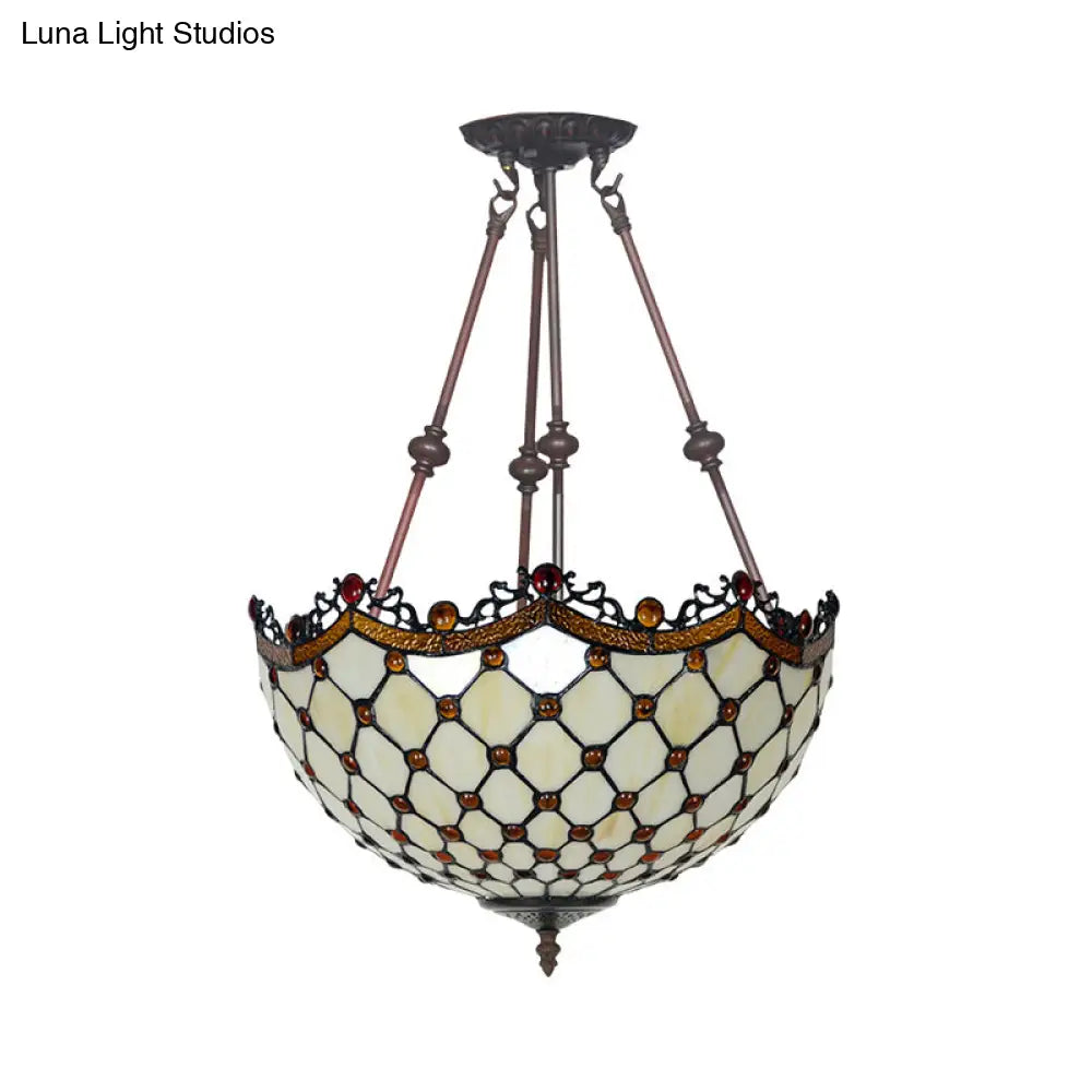 Beige Glass Semi Flush Tiffany Style Ceiling Mount With Beaded Accents - 16’/18’ Wide 2-Light