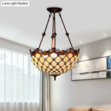 Beige Glass Semi Flush Tiffany Style Ceiling Mount With Beaded Accents - 16’/18’ Wide 2-Light