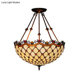 Beige Glass Semi Flush Tiffany Style Ceiling Mount With Beaded Accents - 16’/18’ Wide 2-Light