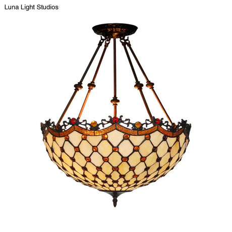 Beige Glass Semi Flush Tiffany Style Ceiling Mount With Beaded Accents - 16’/18’ Wide 2-Light