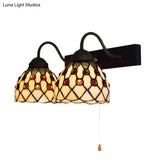 Beige Glass Tiffany Wall Mounted Sconce Lighting With Pull Chain - Black 2-Head Dome Design
