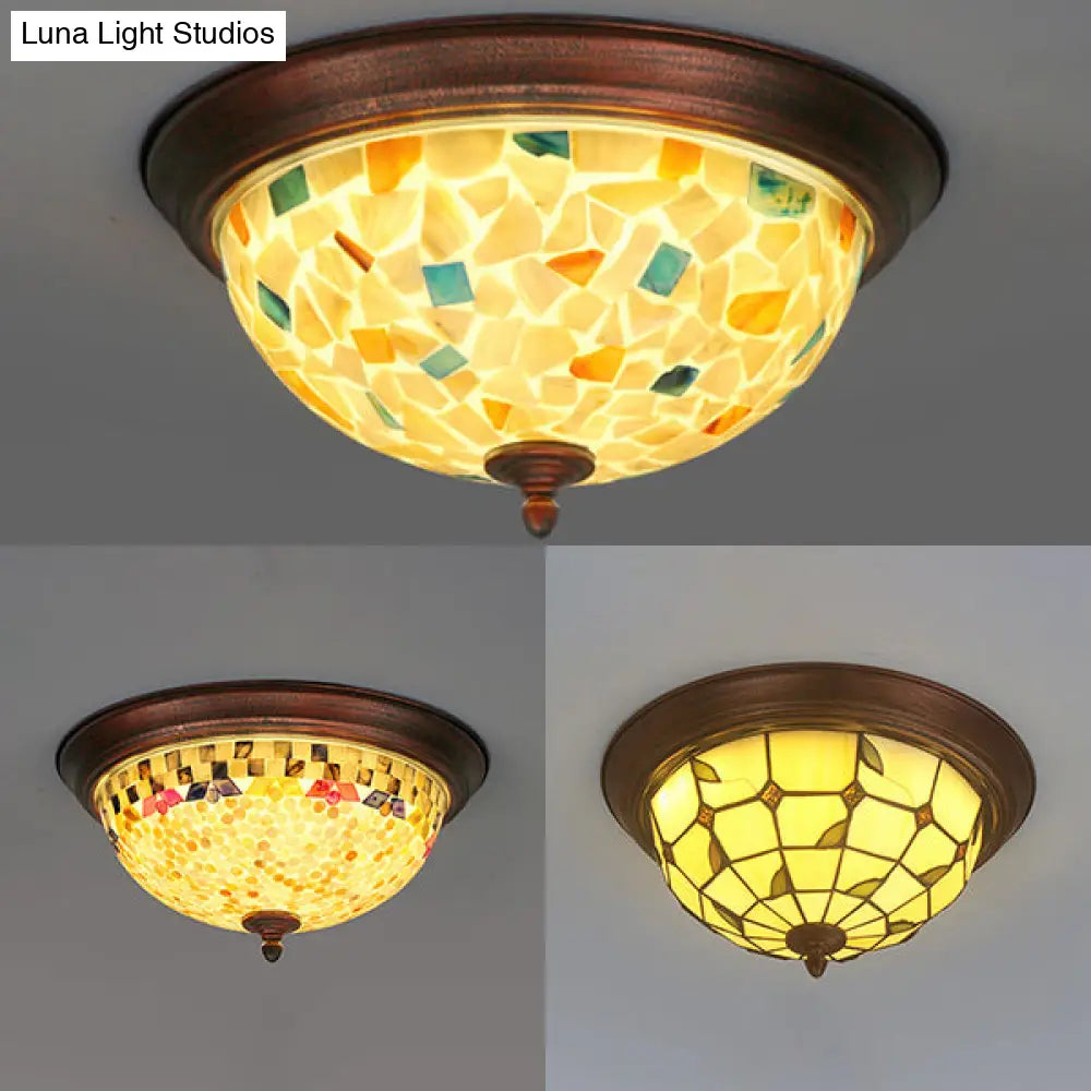 Beige Round Flushmount Lodge Stained Glass Ceiling Light Fixture With Floral/Geometric Elements