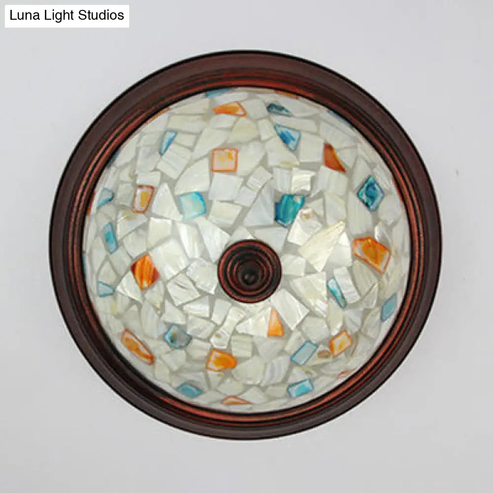 Beige Round Flushmount Lodge Stained Glass Ceiling Light Fixture With Floral/Geometric Elements