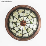 Beige Round Flushmount Lodge Stained Glass Ceiling Light Fixture With Floral/Geometric Elements