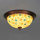Beige Round Flushmount Lodge Stained Glass Ceiling Light Fixture With Floral/Geometric Elements /
