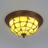 Beige Round Flushmount Lodge Stained Glass Ceiling Light Fixture With Floral/Geometric Elements /