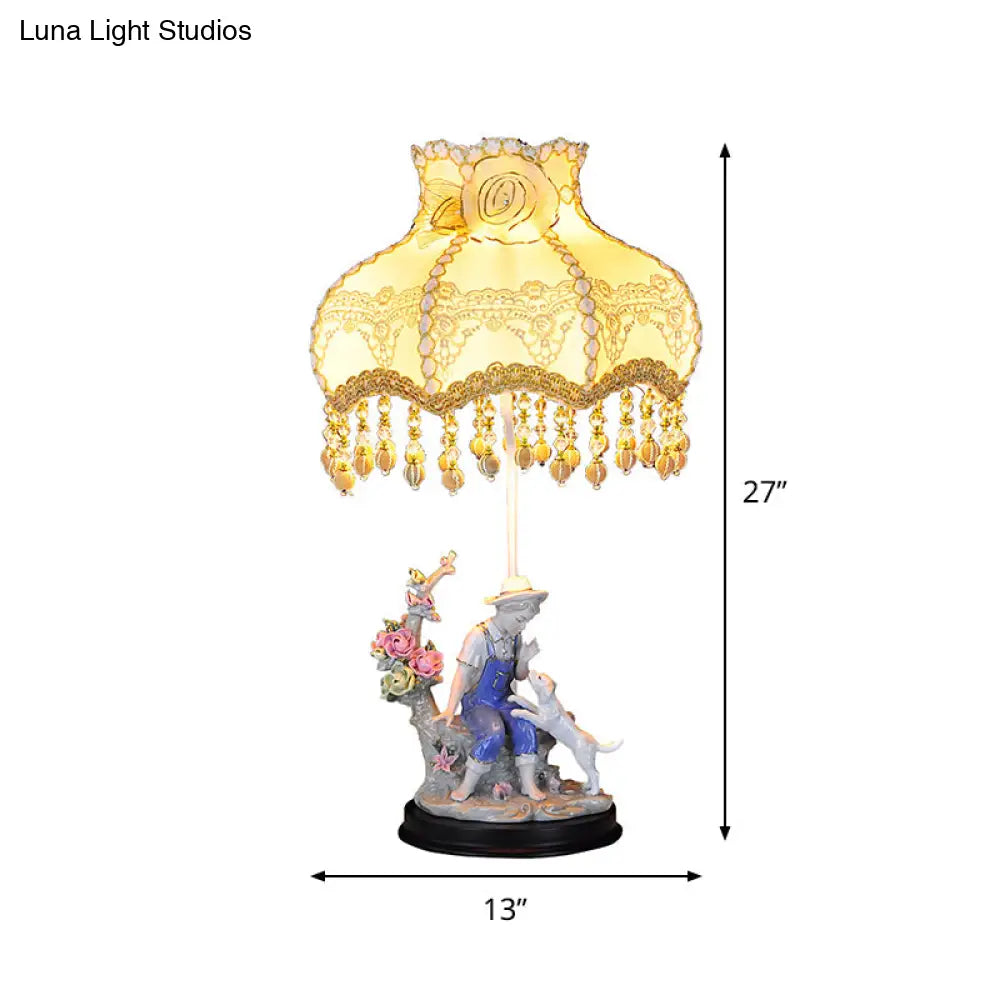 Beige Ruffle Edge Nightstand Lamp - Pastoral 1-Light Fabric Night Light With Ceramic Boy And Dog