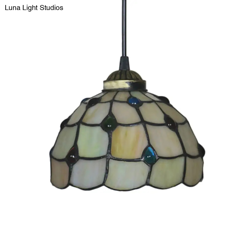 Beige Stained Glass Pendant Lamp With Beaded Detailing - Tiffany Hanging Light Kit For Study