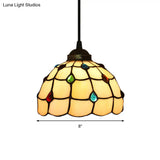 Beige Stained Glass Pendant Lamp With Beaded Detailing - Tiffany Hanging Light Kit For Study