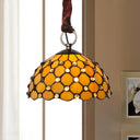 Beige Tiffany Glass Bowl Suspension Lamp: Elegant 1-Bulb Ceiling Light Fixture With Jewel Deco