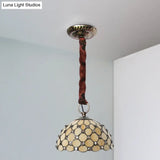 Beige Tiffany Glass Bowl Suspension Lamp: Elegant 1-Bulb Ceiling Light Fixture With Jewel Deco