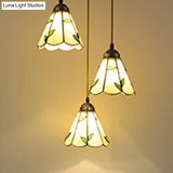 Beige Tiffany Stained Glass Suspension Lighting - 3-Bulb Cluster Pendant For Dining Room