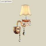 Beige Traditional Fabric Wall Sconce With Crystal Drop And Curved Glass Arm - 1 Bulb Light