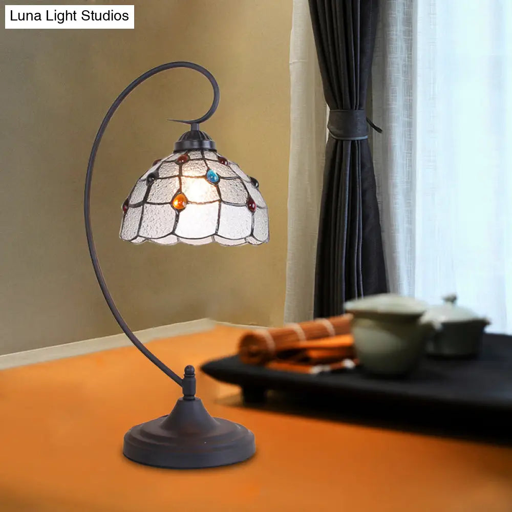 Beige/White And Silver Glass Night Lamp With Victorian Style Curvy Arm - Elegant Black Lattice Bowl