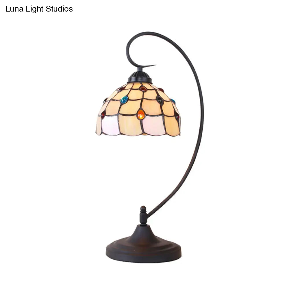 Beige/White And Silver Glass Night Lamp With Victorian Style Curvy Arm - Elegant Black Lattice Bowl