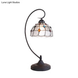 Beige/White And Silver Glass Night Lamp With Victorian Style Curvy Arm - Elegant Black Lattice Bowl