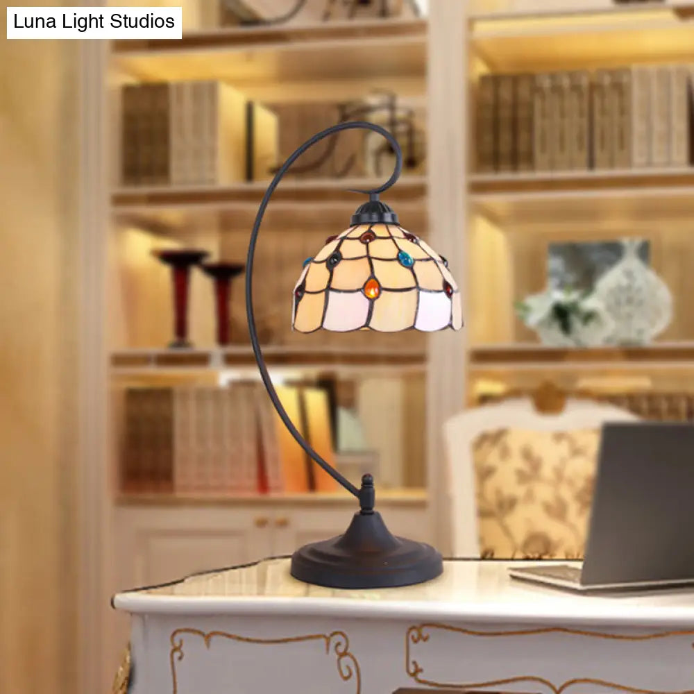 Beige/White And Silver Glass Night Lamp With Victorian Style Curvy Arm - Elegant Black Lattice Bowl