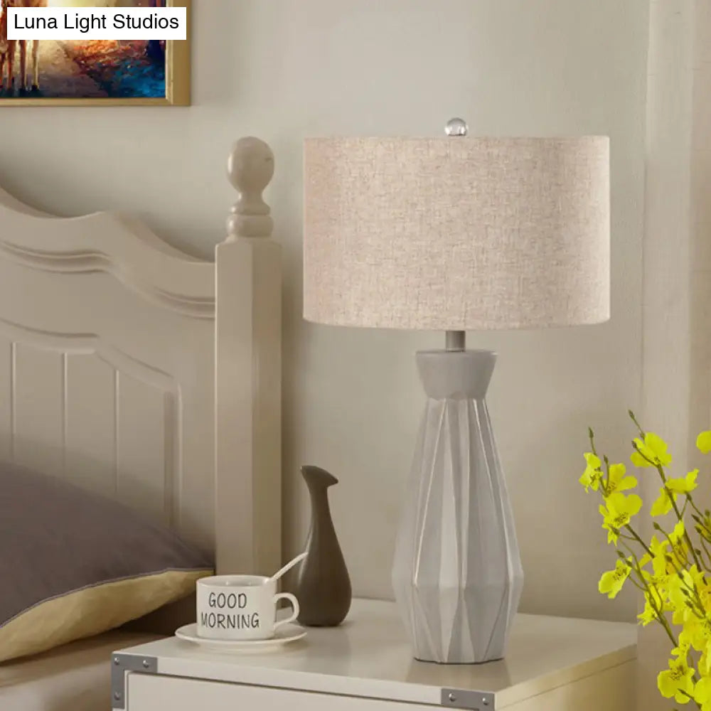 Beige/White Rustic Night Table Lamp With Fabric Drum Shade For Bedside