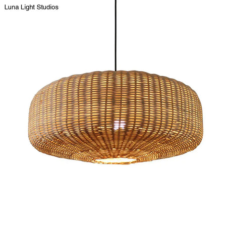 Beige Woven Asian Hanging Light Kit With Rattan Shade