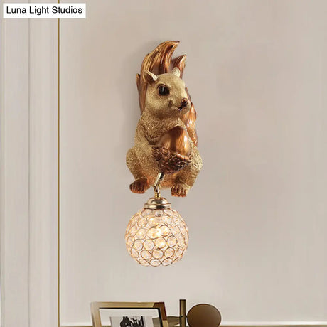 Beveled Clear Crystal Wall Sconce With Squirrel Decor In Gold/Brown