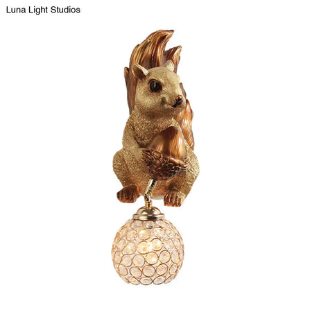 Beveled Clear Crystal Wall Sconce With Squirrel Decor In Gold/Brown
