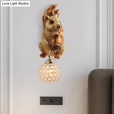 Beveled Clear Crystal Wall Sconce With Squirrel Decor In Gold/Brown