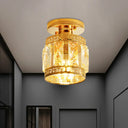 Beveled Crystal Cup Ceiling Flush Retro Semi Mount Light With Oriental Trim In Gold