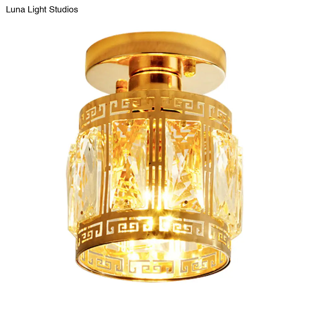 Beveled Crystal Cup Ceiling Flush Retro Semi Mount Light With Oriental Trim In Gold