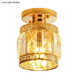 Beveled Crystal Cup Ceiling Flush Retro Semi Mount Light With Oriental Trim In Gold