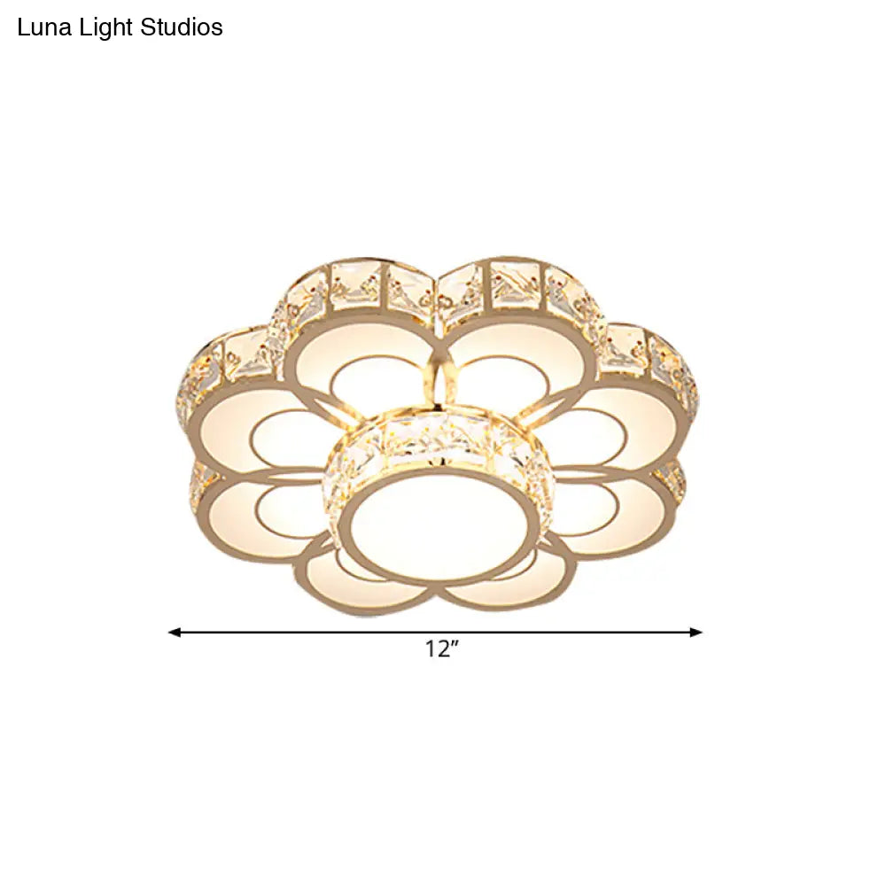 Beveled Crystal Flower Ceiling Light: Simple Led Flush Mount Fixture - 10’/12’ Width Gold