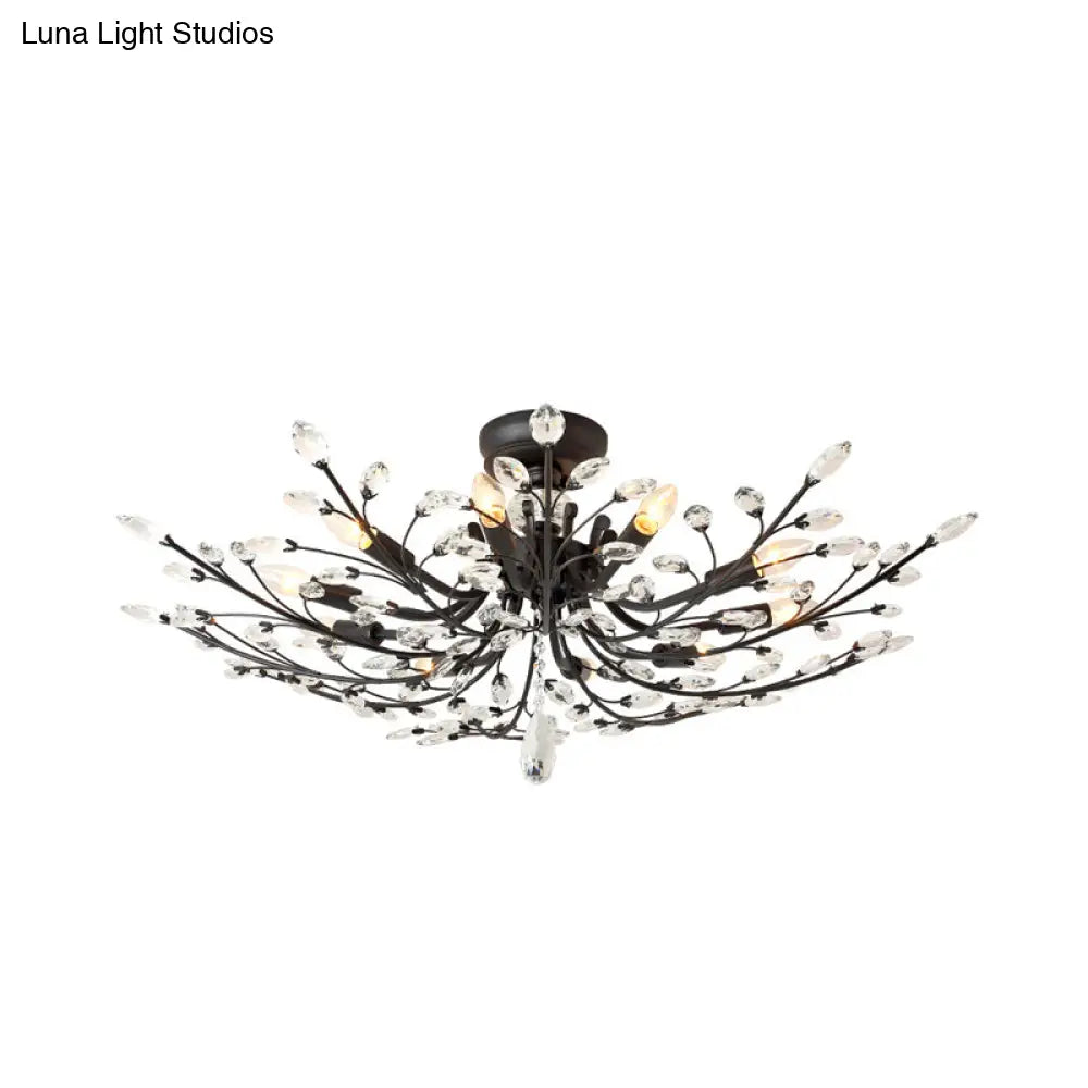 Beveled Crystal Semi-Flush Mount With 10 Minimalist Heads For Living Room In Black