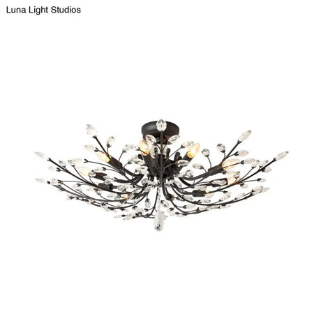 Beveled Crystal Semi-Flush Mount With 10 Minimalist Heads For Living Room In Black
