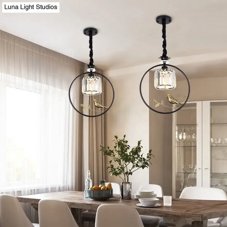 Bird-Enhanced Cylinder Crystal Pendant Light: Farmhouse Dining Room Lamp With Decorative Ring - 1