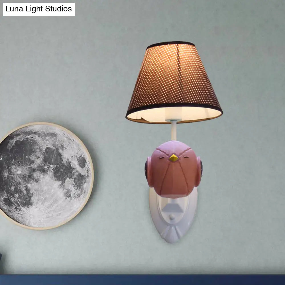 Bird Wall Mount Light Cartoon 1 Head Resin Sconce Lamp With Pink/Blue Color Cone Brown Fabric Shade