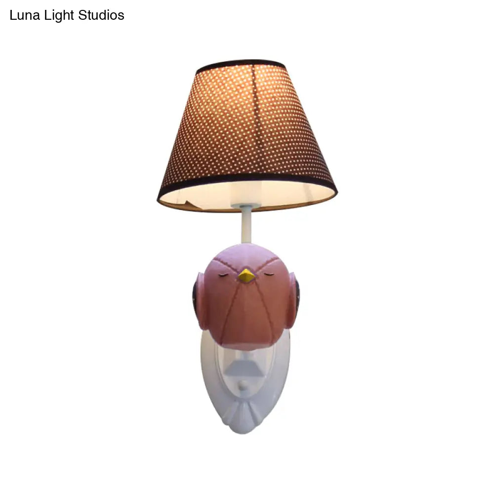 Bird Wall Mount Light Cartoon 1 Head Resin Sconce Lamp With Pink/Blue Color Cone Brown Fabric Shade