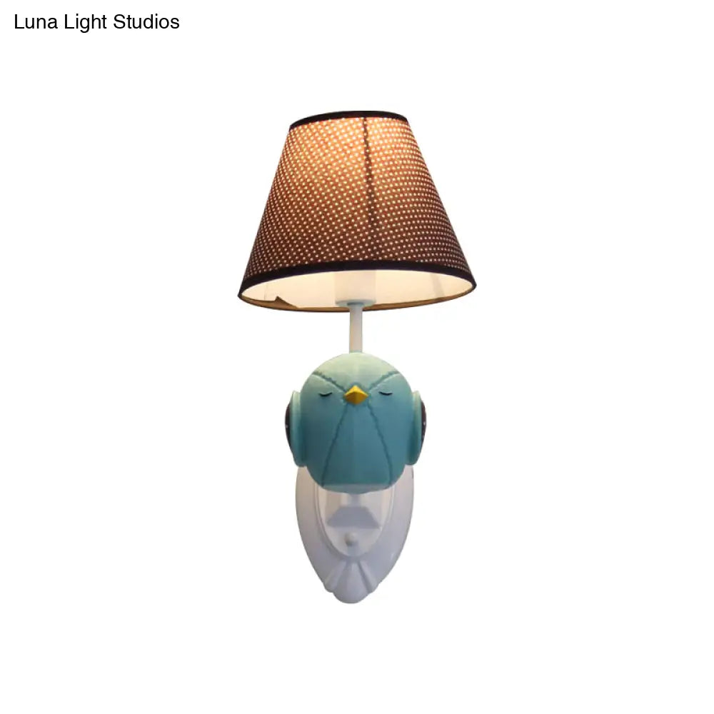 Bird Wall Mount Light Cartoon 1 Head Resin Sconce Lamp With Pink/Blue Color Cone Brown Fabric Shade