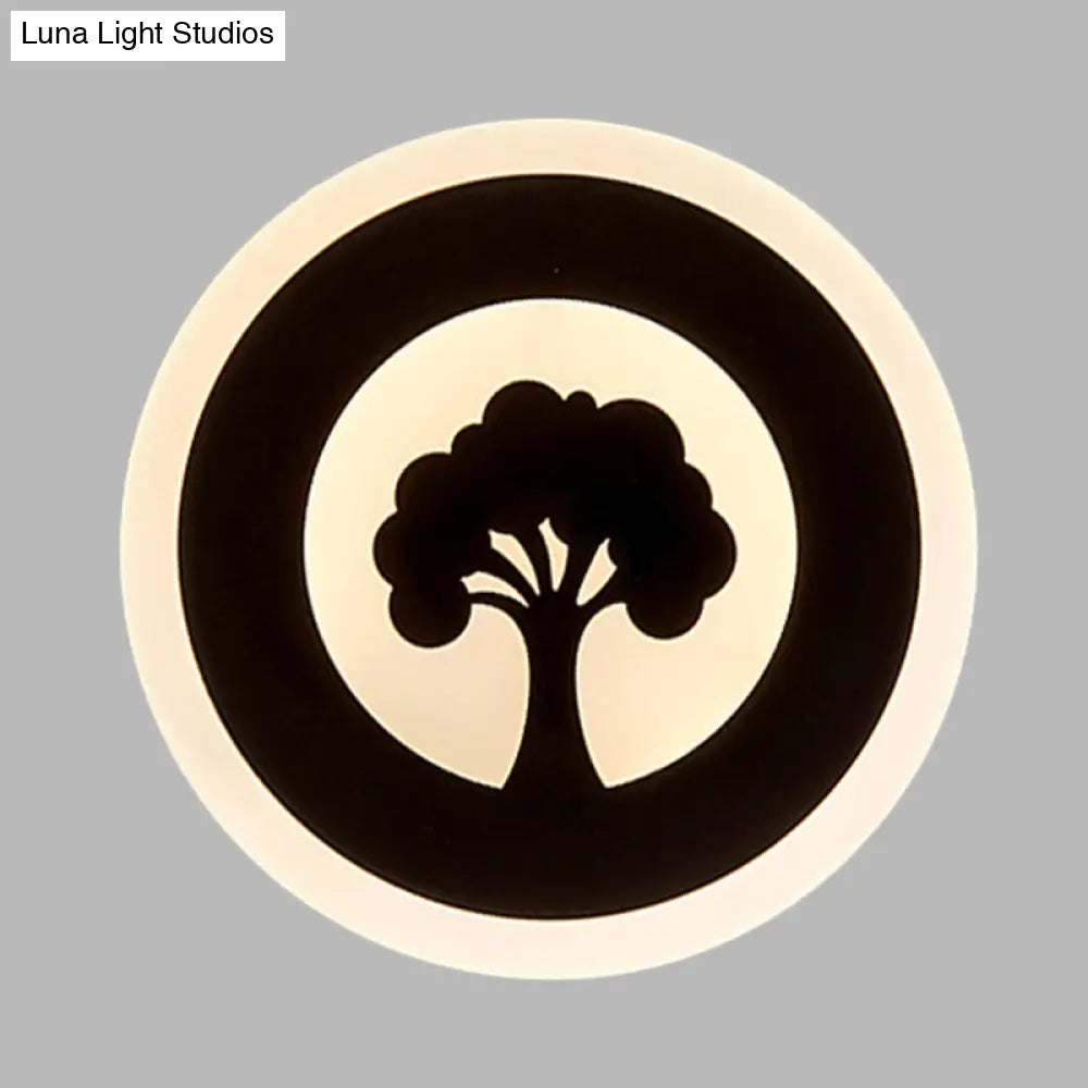 Black Acrylic Round Led Flush Wall Sconce With Tree Pattern - Modern And Elegant