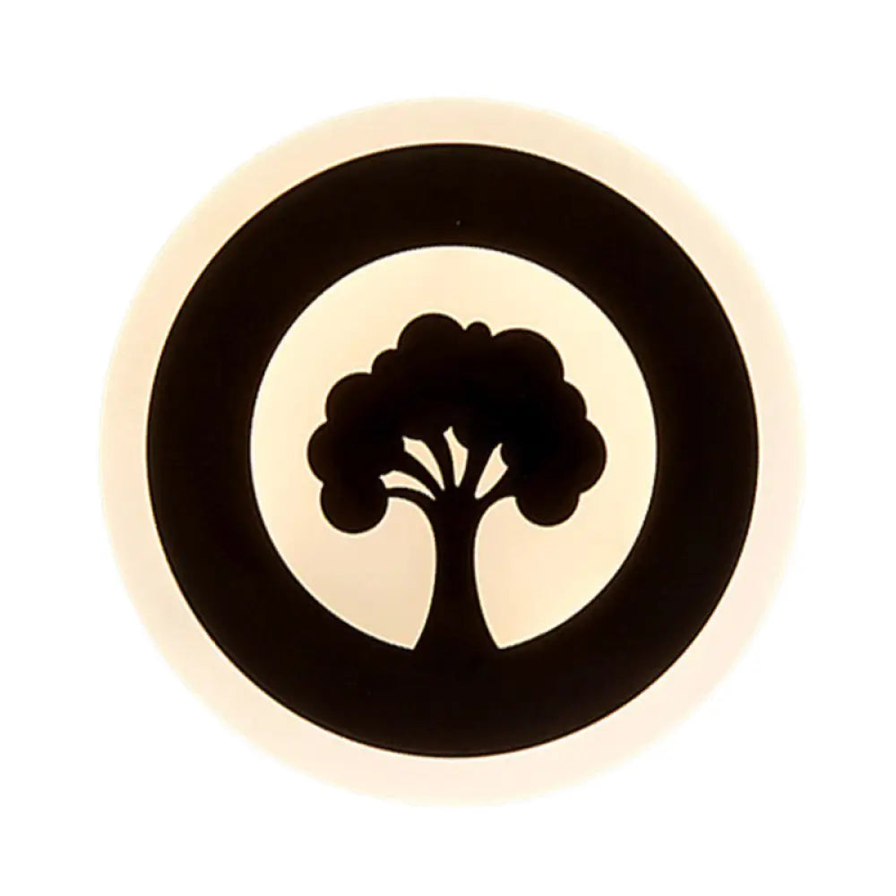 Black Acrylic Round Led Flush Wall Sconce With Tree Pattern - Modern And Elegant