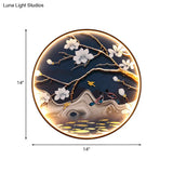 Black Asian Fabric Mural Led Wall Light Fixture For Living Room With Flower/Bird Design