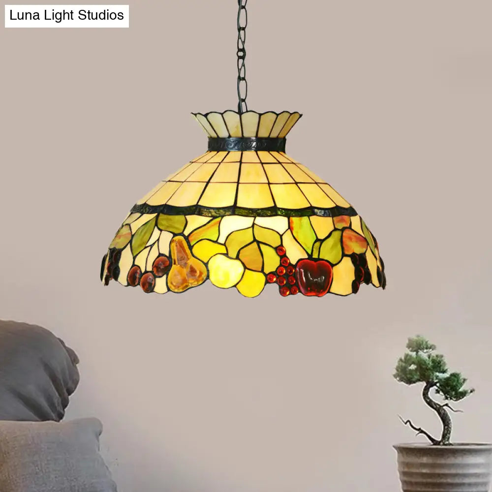 Black Baroque Chandelier with Yellow Stained Glass Shade - 3-Light Pendant Lighting Yellow